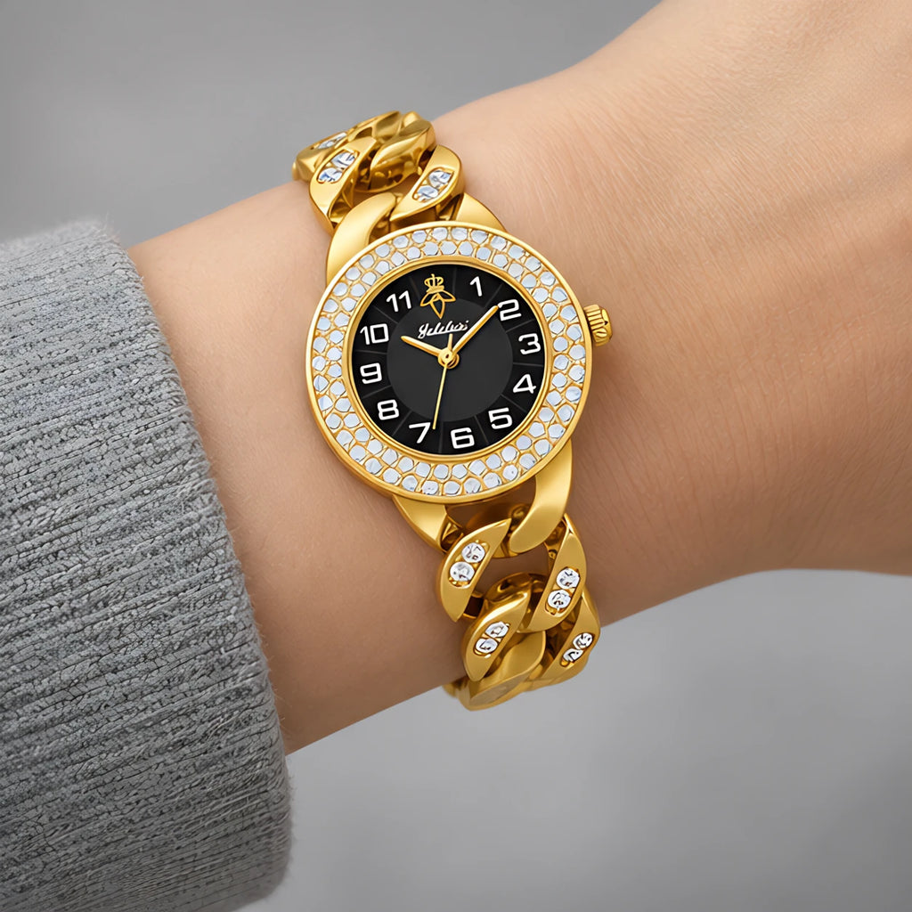 Evanthe Women's Round Crystal Bezel Chain Bracelet Watch - Gold- Black - Accessories > Jewelry > Bracelet Watches - Eric Muller - Image 2
