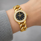 Evanthe Women's Round Crystal Bezel Chain Bracelet Watch - Gold- Black - Accessories > Jewelry > Bracelet Watches - Eric Muller - Image 2