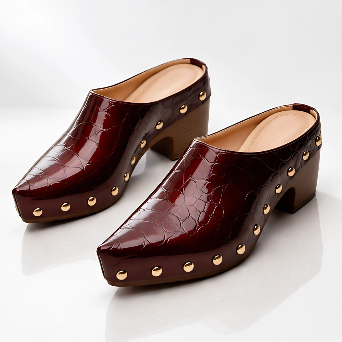 Fianna Women's Studded Croc-Embossed Mules - Burgundy - Women's Footwear > Mules > Block Heel Mules - Eric Muller - Image 2
