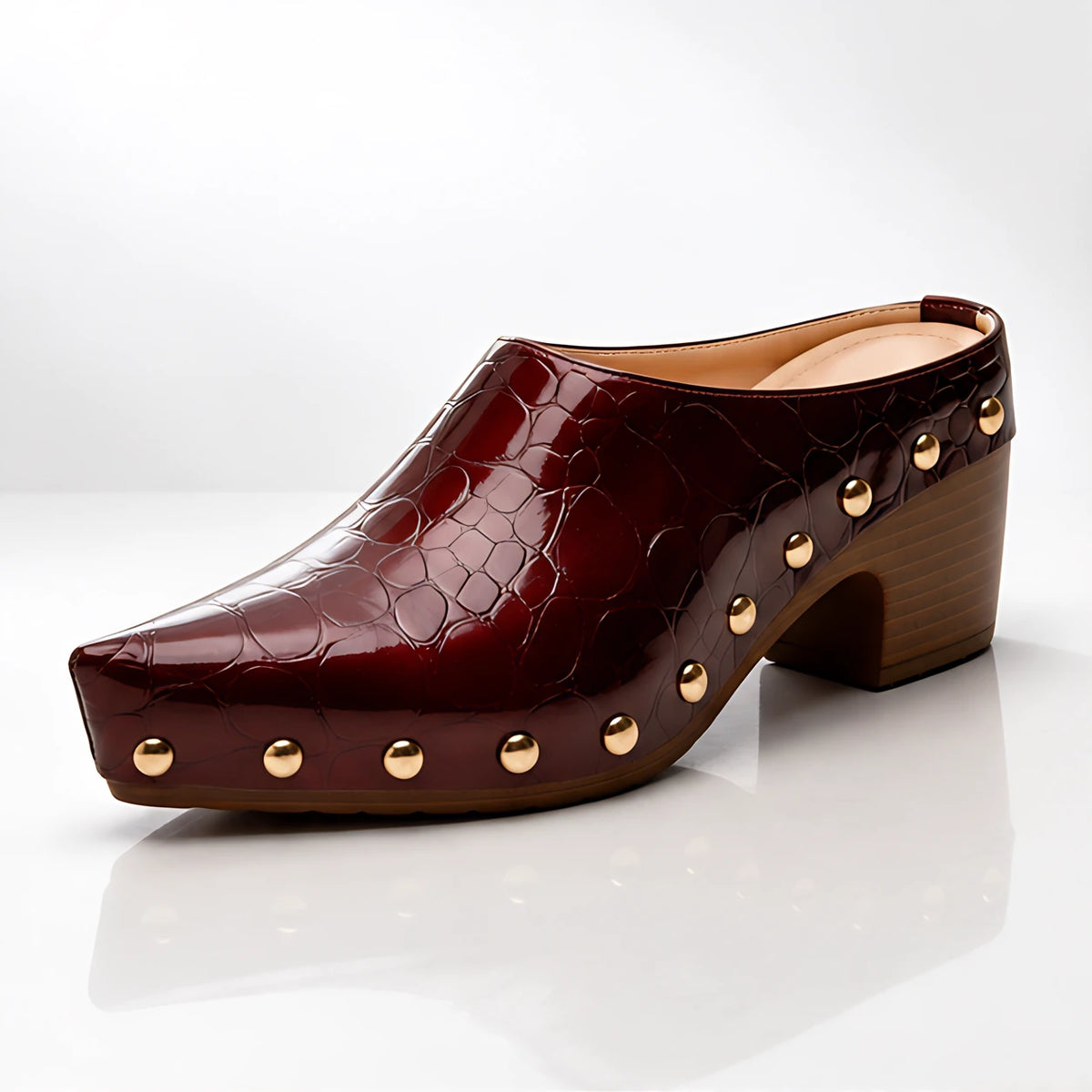 Fianna Women's Studded Croc-Embossed Mules - Burgundy - Women's Footwear > Mules > Block Heel Mules - Eric Muller - Image 1