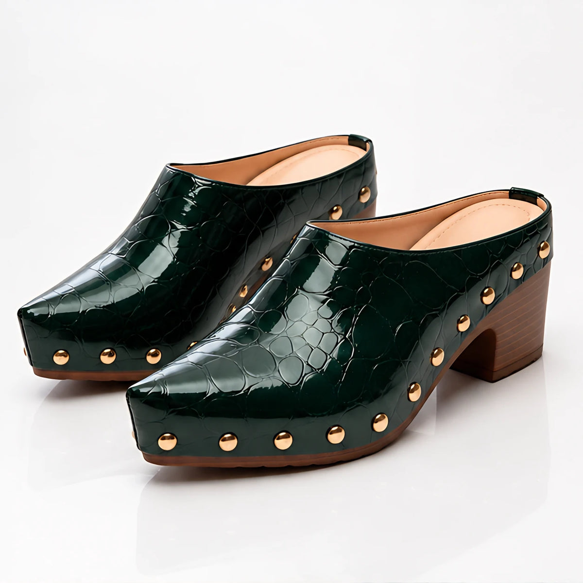 Fianna Women's Studded Croc-Embossed Mules - Green - Women's Footwear > Mules > Block Heel Mules - Eric Muller - Image 2