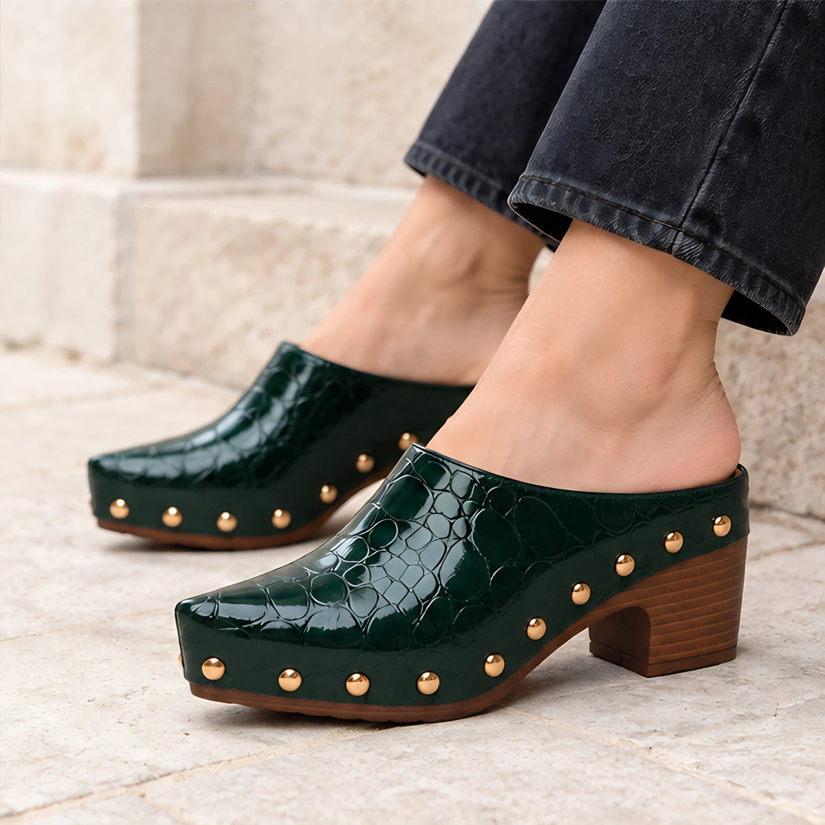 Fianna Women's Studded Croc-Embossed Mules - Green - women's footwear - Eric Muller - Image 4