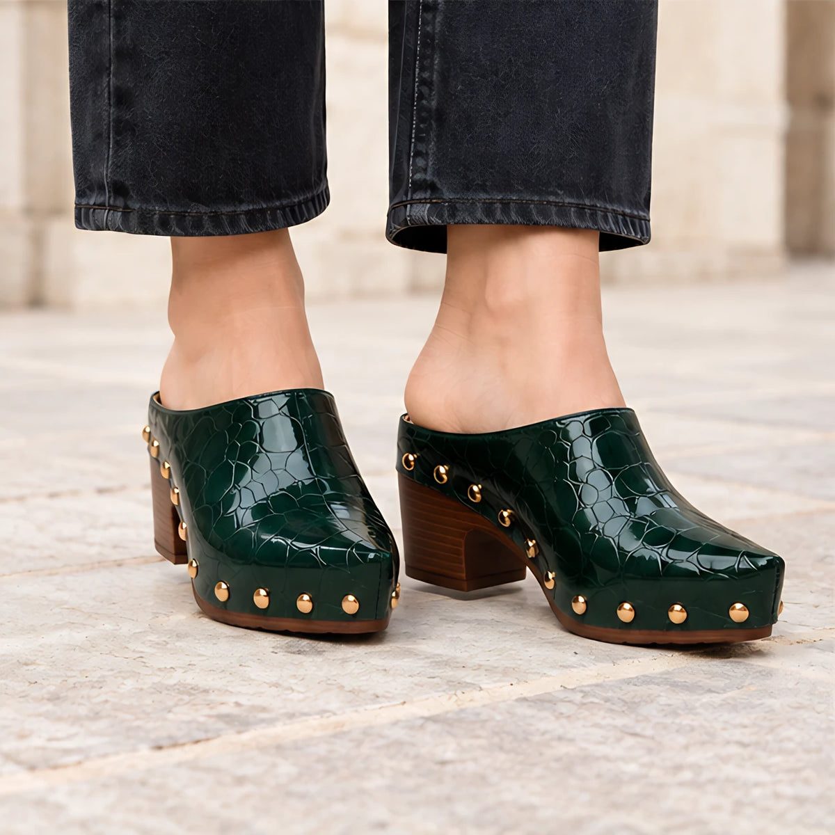 Fianna Women's Studded Croc-Embossed Mules - Green - female - Eric Muller - Image 3