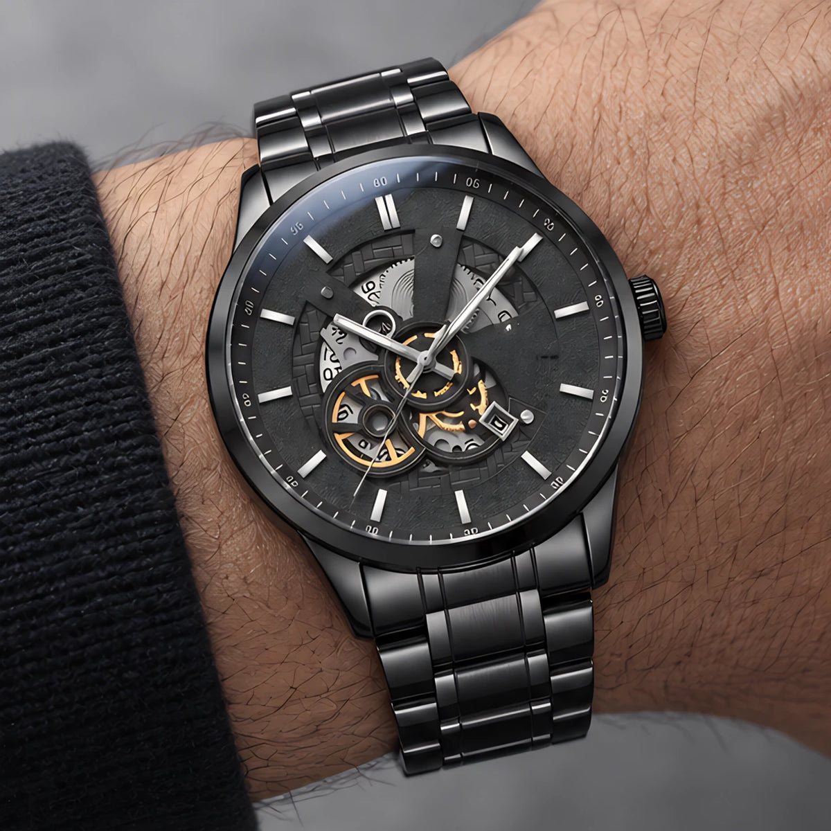Harcourt Men's 45mm Calendar Watch with Stainless Steel Bracelet - Black - Men's Accessories > Watches > Bracelet Watches - Eric Muller - Image 1