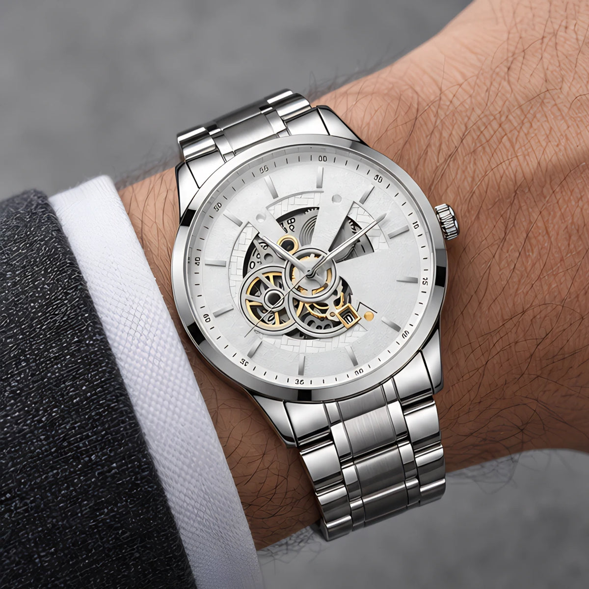 Harcourt Men's 45mm Calendar Watch with Stainless Steel Bracelet - Silver - Men's Accessories > Watches > Bracelet Watches - Eric Muller - Image 1