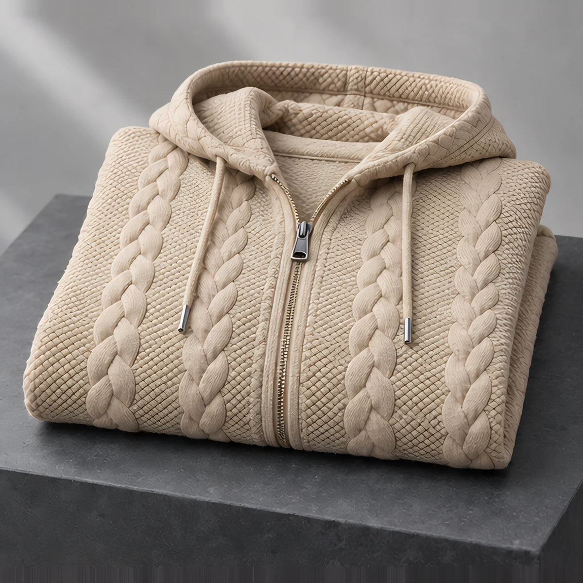 Henrik Men's Relaxed Cable-Knit Full-Zip Hoodie - Khaki - Department: Men - Eric Muller - Image 3