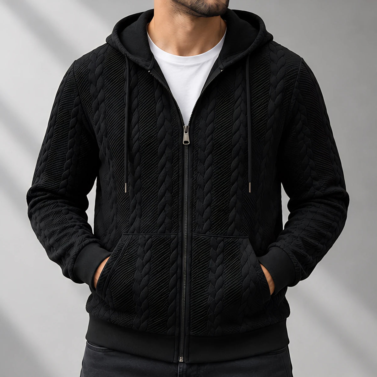 Henrik Men's Relaxed Cable-Knit Full-Zip Hoodie - Black - Catalog Group: Clothing - Eric Muller - Image 2