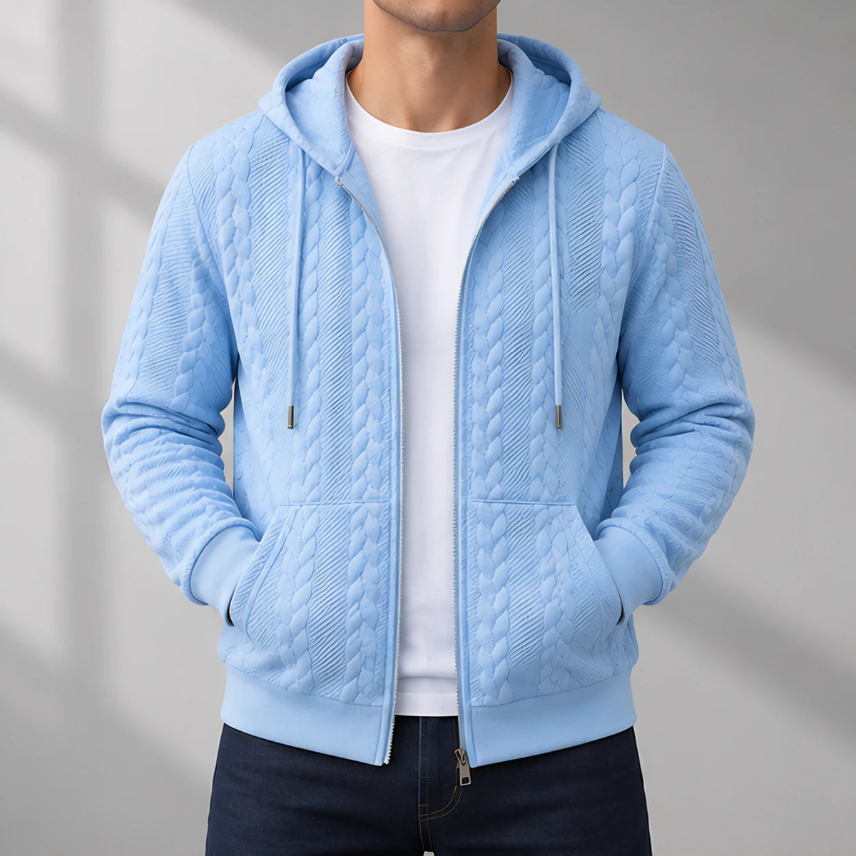 Henrik Men's Relaxed Cable-Knit Full-Zip Hoodie - Light Blue - Catalog Group: Clothing - Eric Muller - Image 2