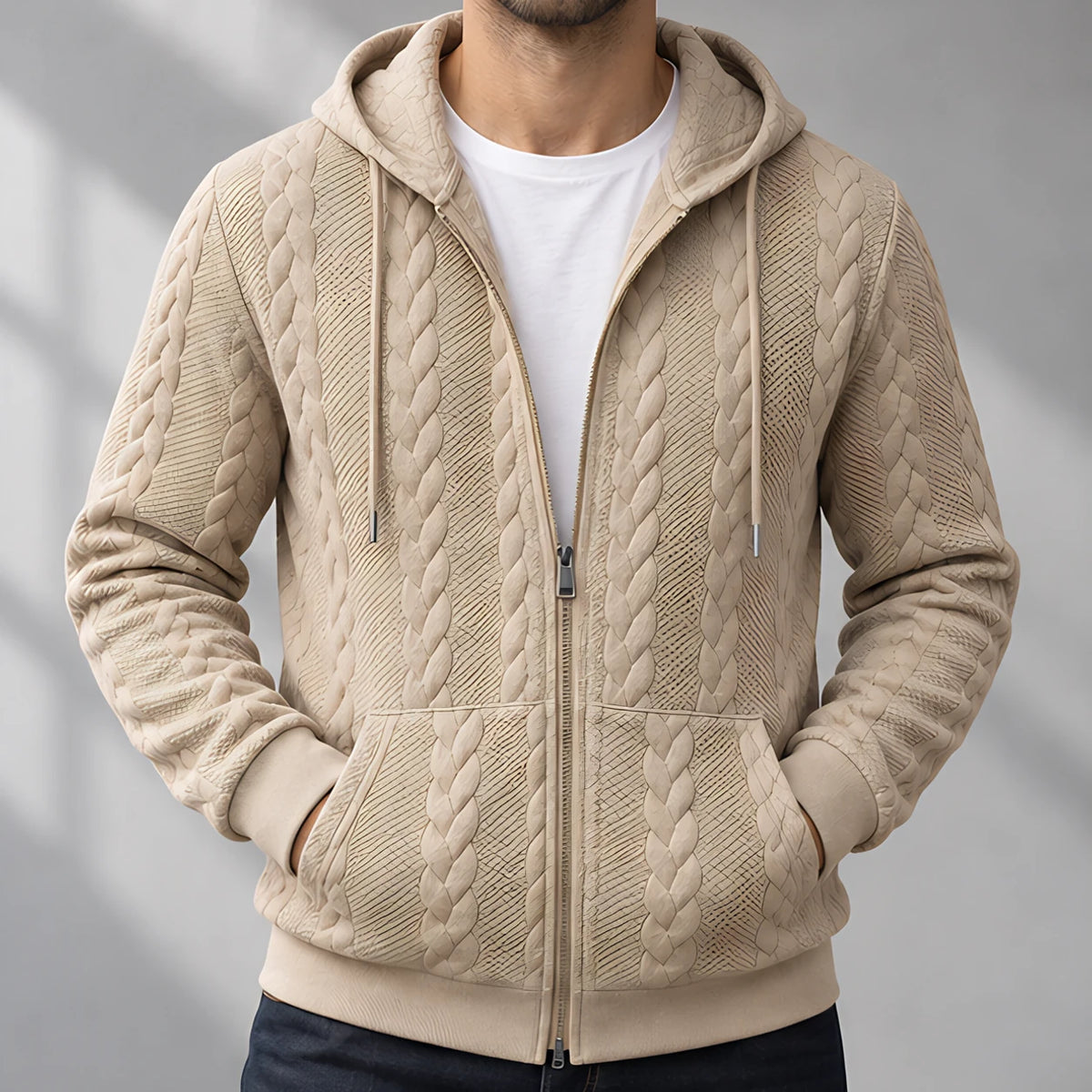 Henrik Men's Relaxed Cable-Knit Full-Zip Hoodie - Khaki - Catalog Group: Clothing - Eric Muller - Image 2