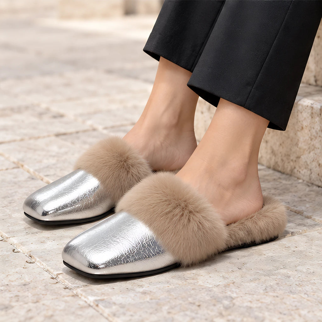 Hestia Women's Faux-Fur Square-Toe Mules - Silver - women's footwear - Eric Muller - Image 4