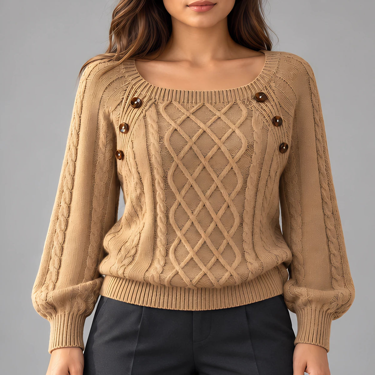 Idalia Women's Scoop-Neck Cable Knit Sweater - Khaki - Women's Clothing > Sweaters & Cardigans > Cable Knit Sweaters - Eric Muller - Image 1