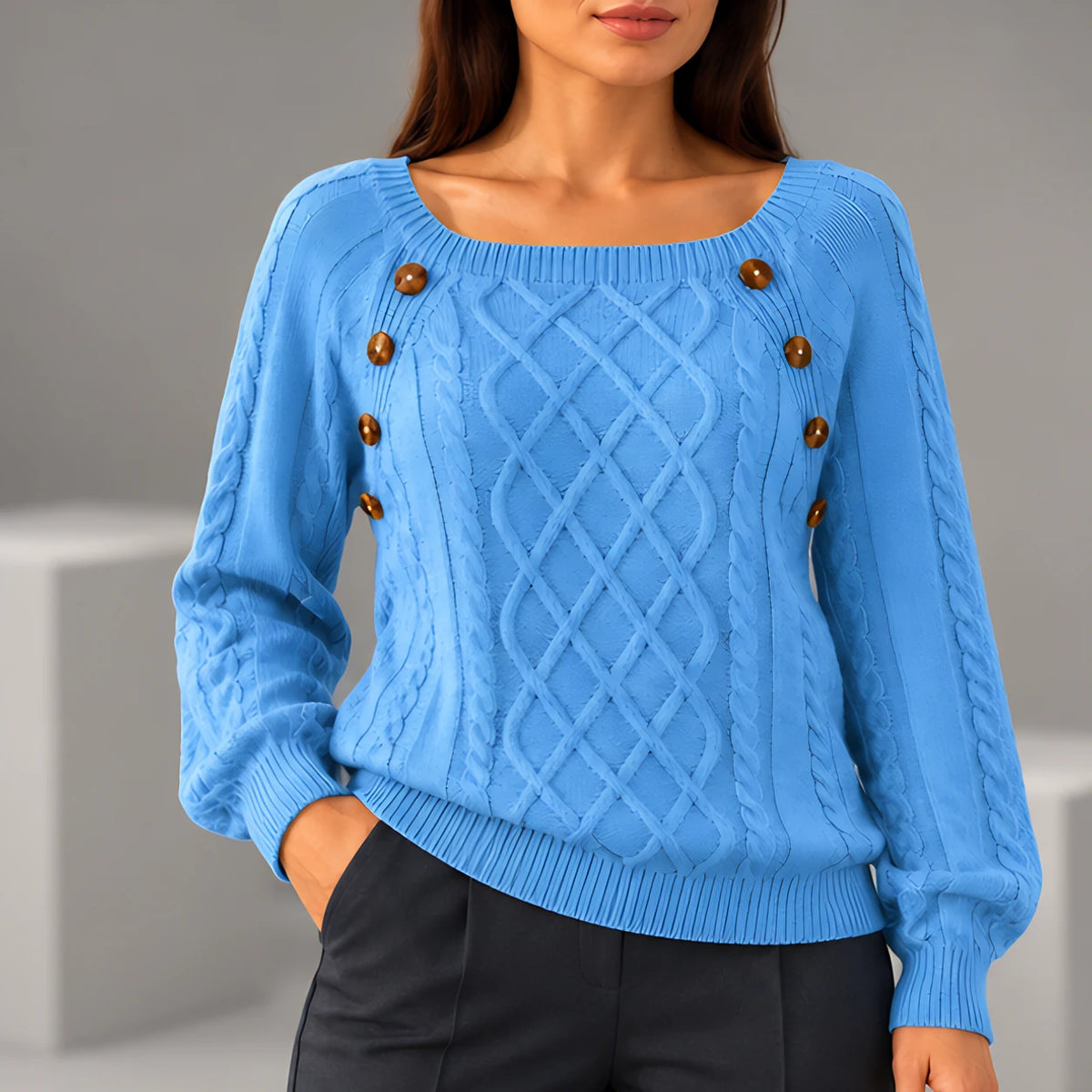 Idalia Women's Scoop-Neck Cable Knit Sweater - Sky Blue - Women's Clothing > Sweaters & Cardigans > Cable Knit Sweaters - Eric Muller - Image 1