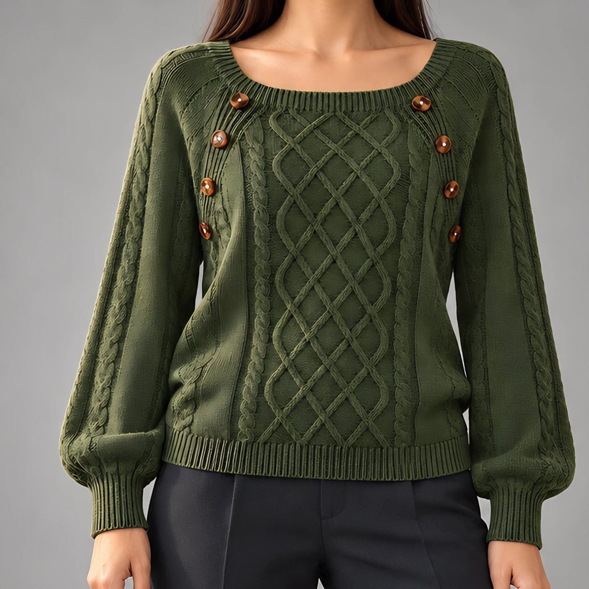 Idalia Women's Scoop-Neck Cable Knit Sweater - Army Green - Women's Clothing > Sweaters & Cardigans > Cable Knit Sweaters - Eric Muller - Image 1