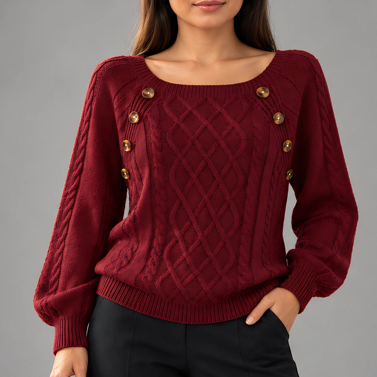 Idalia Women's Scoop-Neck Cable Knit Sweater - Wine Red - Women's Clothing > Sweaters & Cardigans > Cable Knit Sweaters - Eric Muller - Image 1