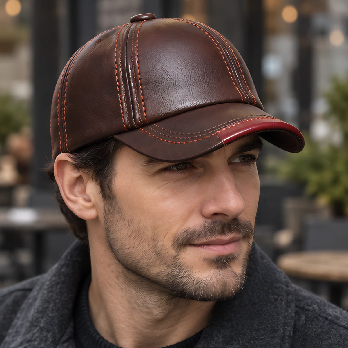 Kendric Men's Genuine Leather Baseball Cap - Brown with Red Accents - Accessories > Hats > Baseball Caps - Eric Muller - Image 1