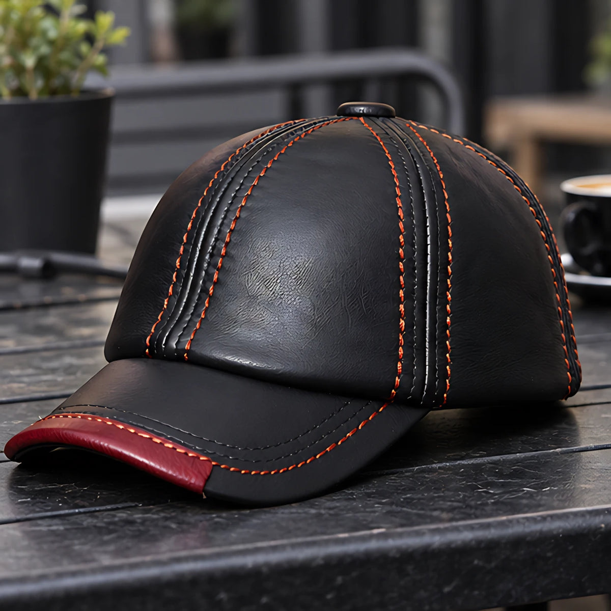 Kendric Men's Genuine Leather Baseball Cap - Black with Red Accents - Accessories > Hats > Baseball Caps - Eric Muller - Image 2