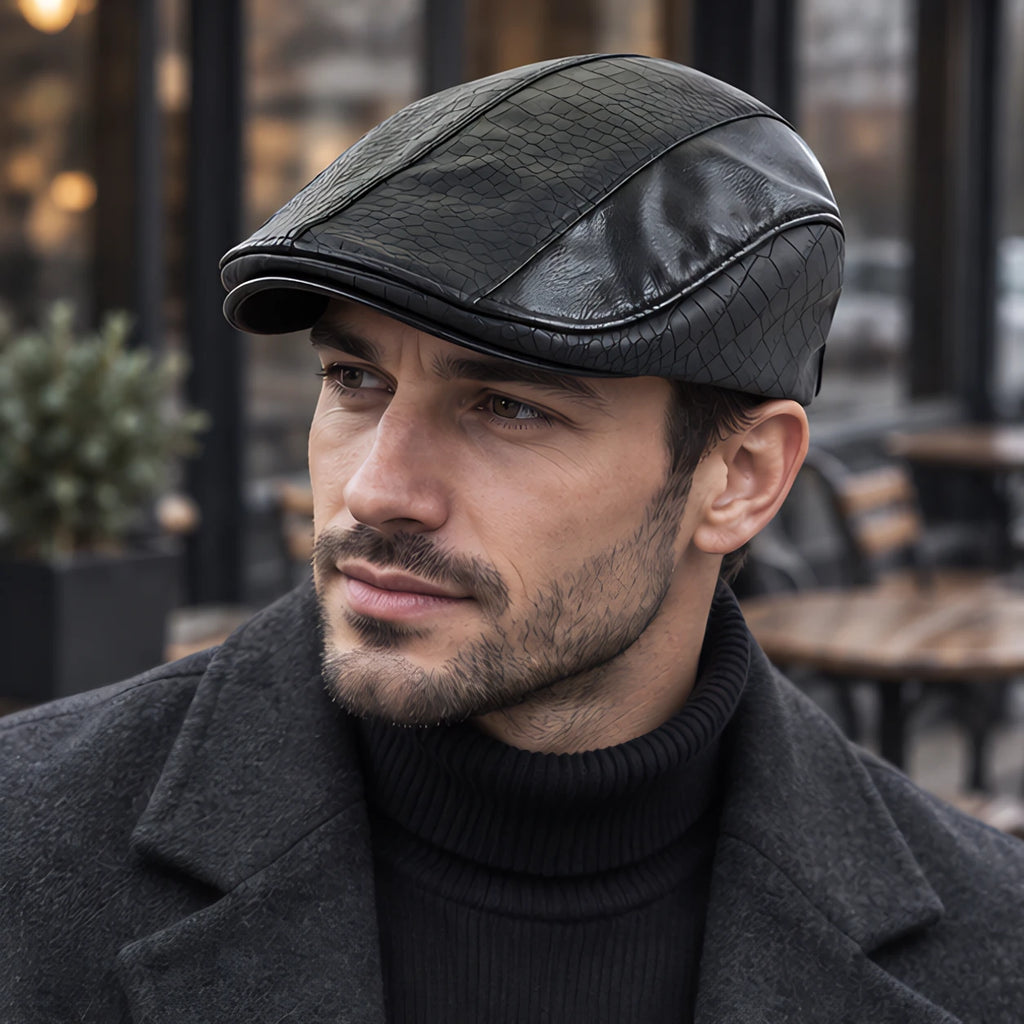 Kenmore Men's Structured Leather Flat Cap - Black - Clothing Accessories > Hats > Ivy Caps - Eric Muller - Image 1