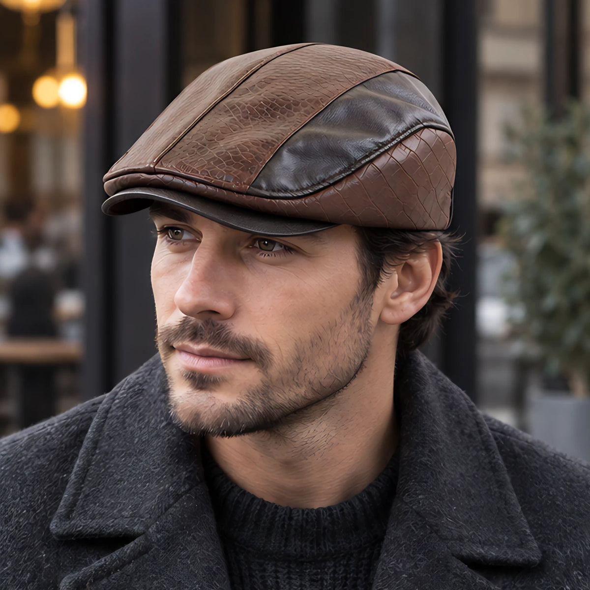 Kenmore Men's Structured Leather Flat Cap - Dark Brown - Clothing Accessories > Hats > Ivy Caps - Eric Muller - Image 1