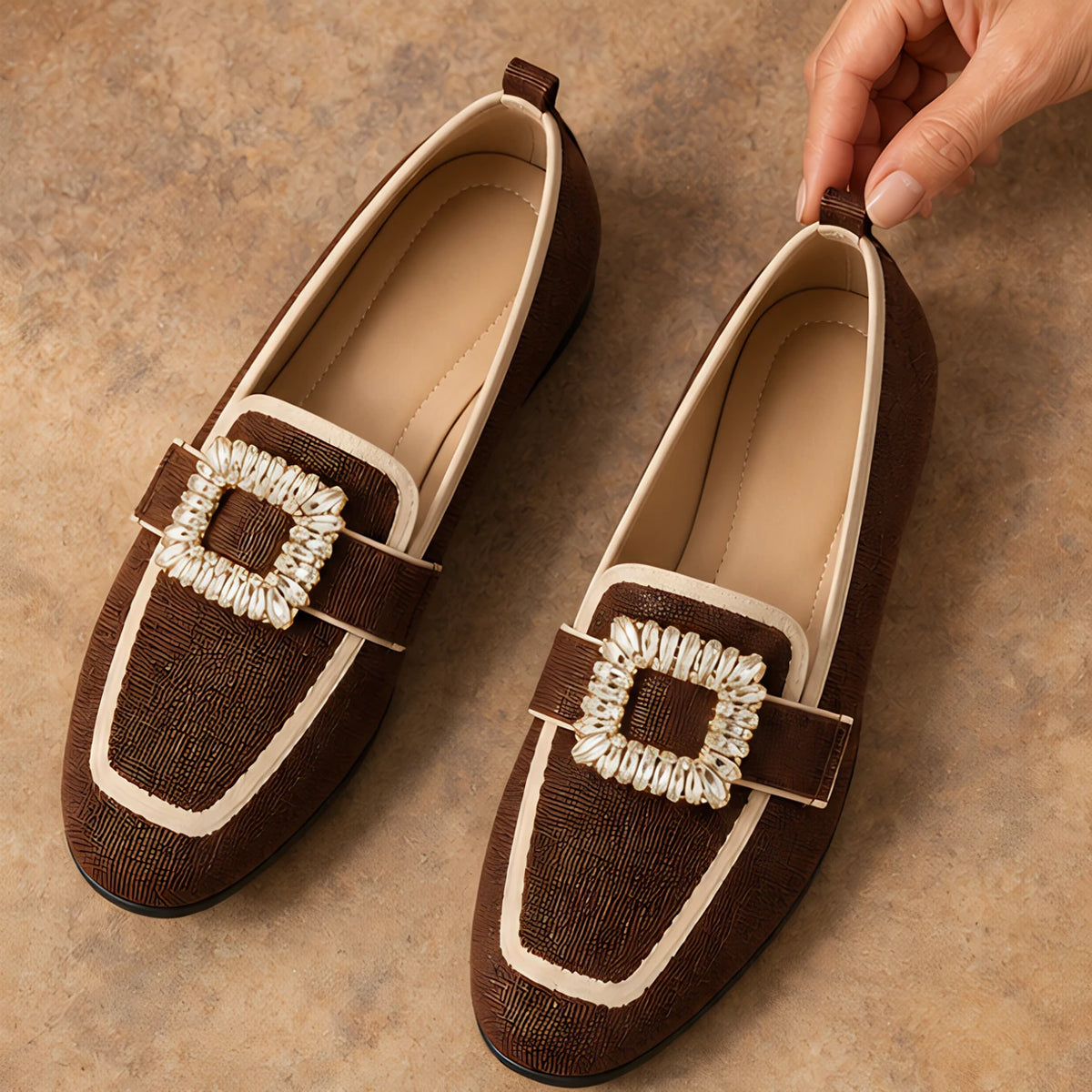 Leonora Women's Buckle-Embellished Canvas Flats - Brown - casual shoe - Eric Muller - Image 2