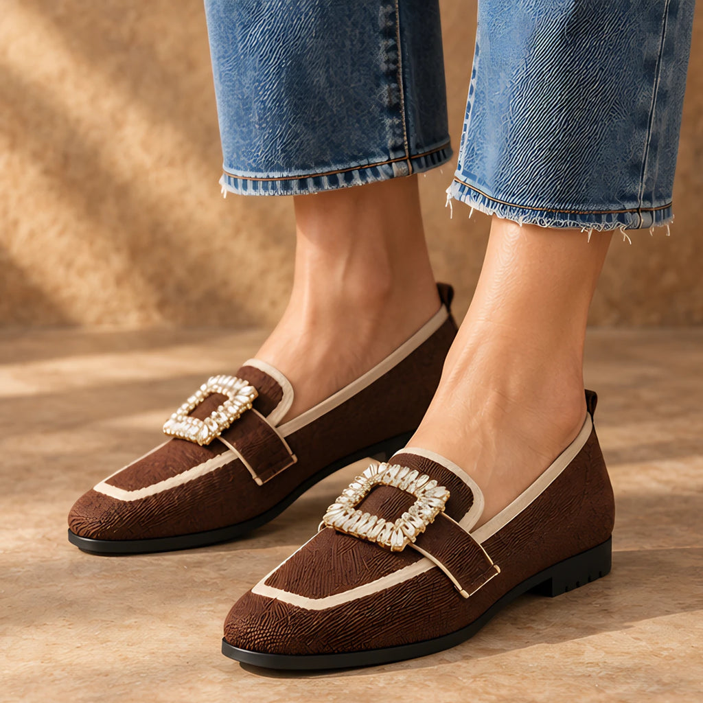 Leonora Women's Buckle-Embellished Canvas Flats - Brown - Women's Footwear > Flats > Square-Toe Flats - Eric Muller - Image 1