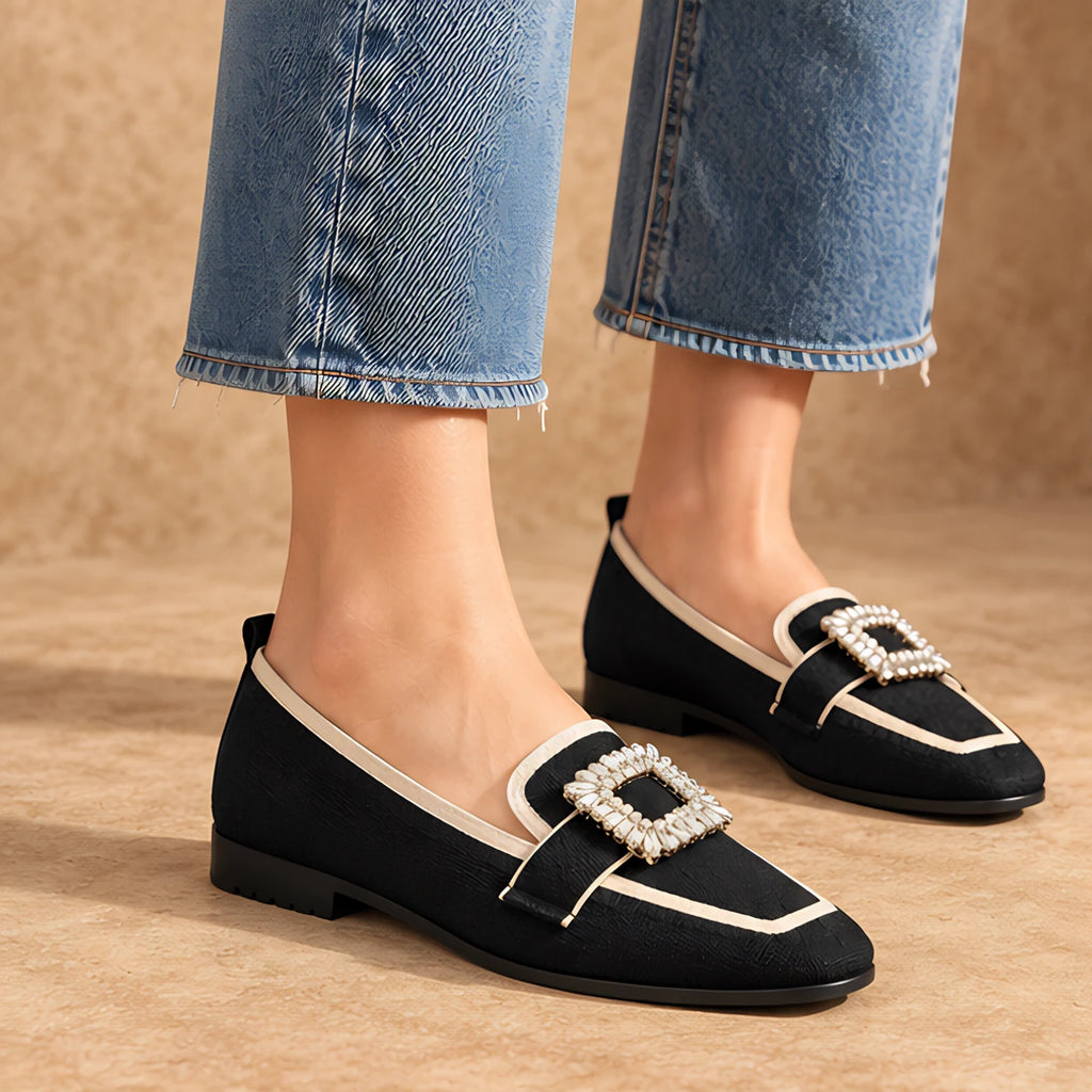 Leonora Women's Buckle-Embellished Canvas Flats - Black - Women's Footwear > Flats > Square-Toe Flats - Eric Muller - Image 1