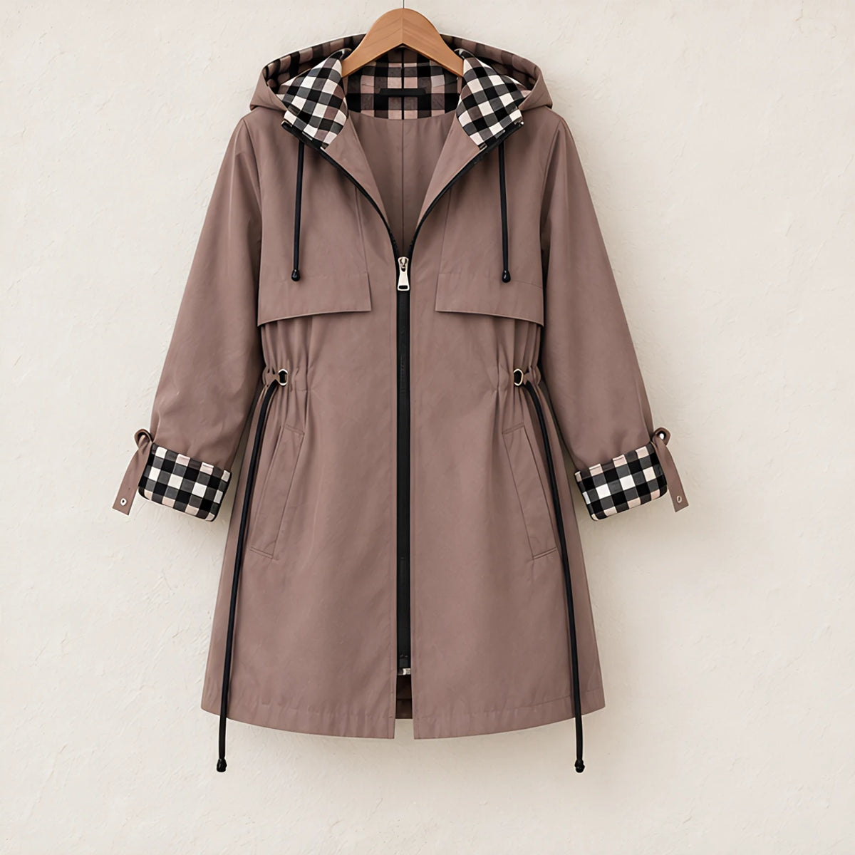Liesl Plaid-Lined Hooded Long Jacket - Brown - Women's Jacket - Eric Muller - Image 3