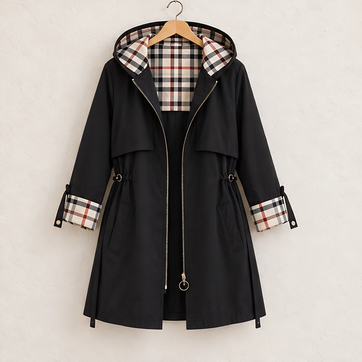 Liesl Plaid-Lined Hooded Long Jacket - Black - Women's Jacket - Eric Muller - Image 3