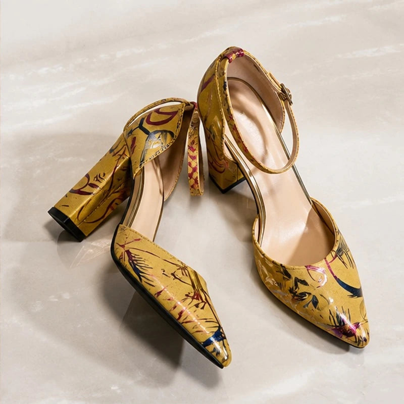 Lisette Ankle-Strap Block Heels - Ochre - Women's Footwear > Pointed-Toe Ankle-Strap Block Heel Pumps - Eric Muller - Image 1