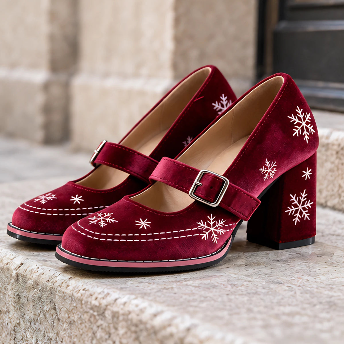 Lucienne Velvet Block-Heel Mary Janes - Cranberry Red - unisex - Eric Muller - Image 4