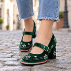 Lucienne Velvet Block-Heel Mary Janes - Holly Green - Footwear > Heels > Mary Jane Pumps - Eric Muller - Image 1