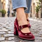 Lucienne Velvet Block-Heel Mary Janes - Cranberry Red - Footwear > Heels > Mary Jane Pumps - Eric Muller - Image 1