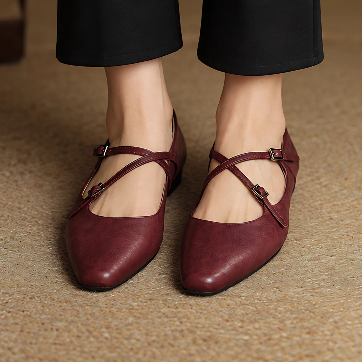 Marena Women's Leather Almond-Toe Flats - Maroon - Shoes - Eric Muller - Image 3