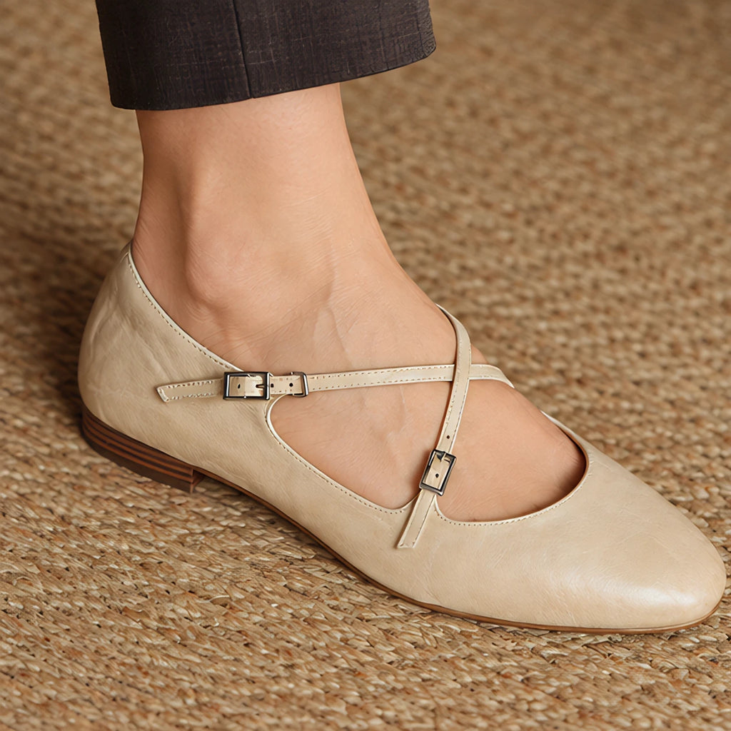 Marena Women's Leather Almond-Toe Flats - Beige - Women's Footwear > Flats > Cross-Strap Flats - Eric Muller - Image 1