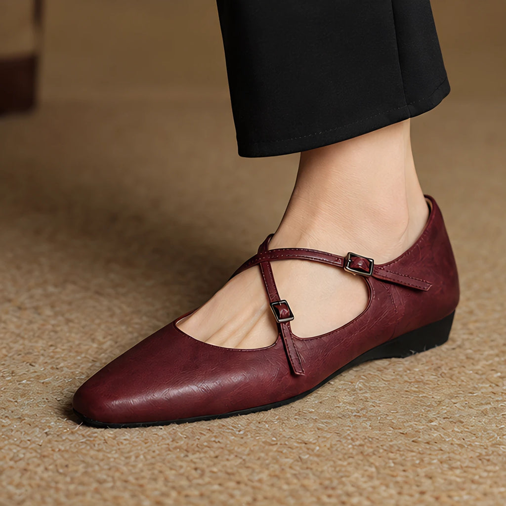 Marena Women's Leather Almond-Toe Flats - Maroon - Women's Footwear > Flats > Cross-Strap Flats - Eric Muller - Image 1