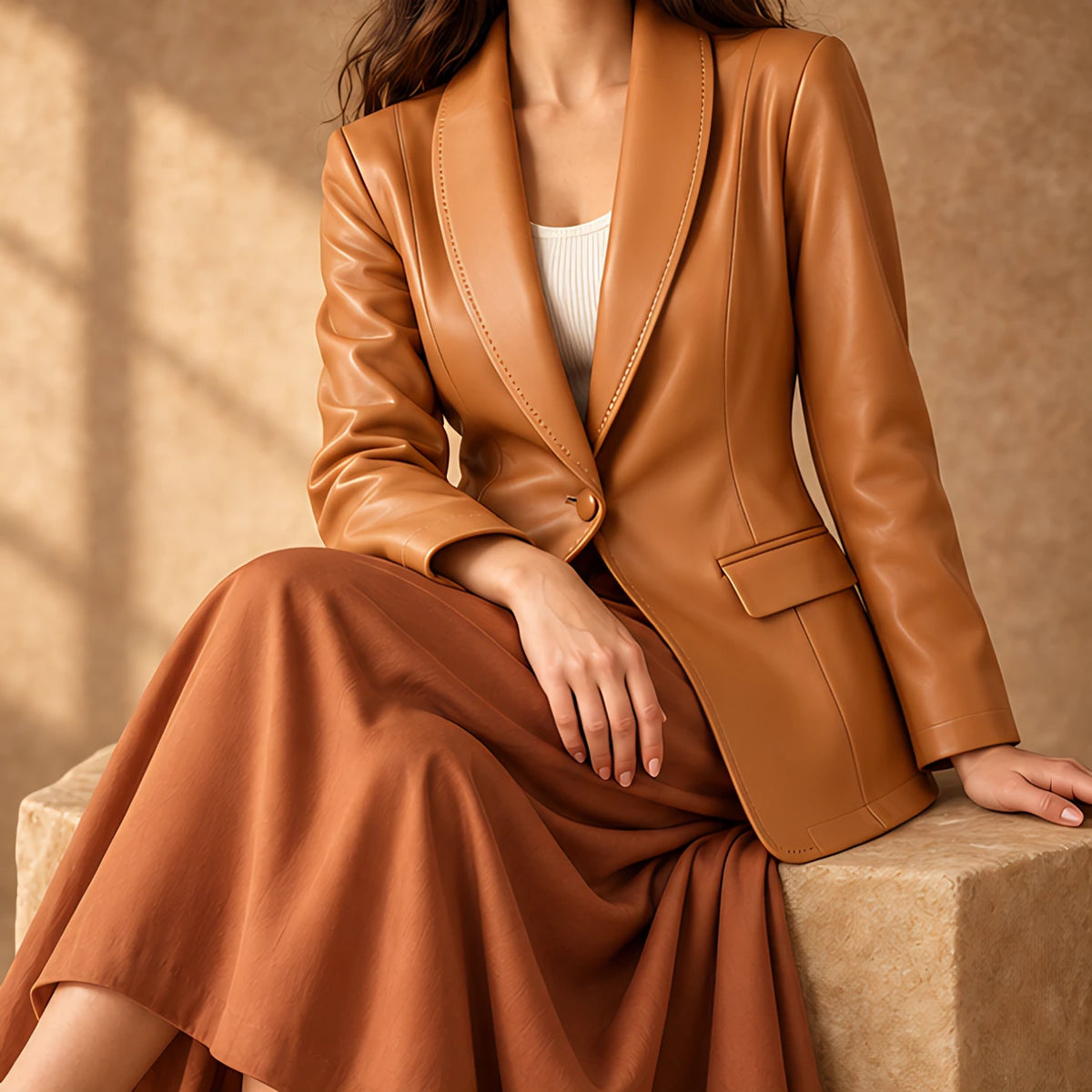 Marguerite Women's Shawl-Lapel Leather Jacket - Tan - female - Eric Muller - Image 3