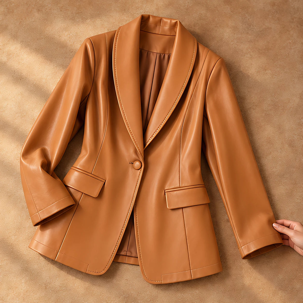 Marguerite Women's Shawl-Lapel Leather Jacket - Tan - Women's Jackets - Eric Muller - Image 2