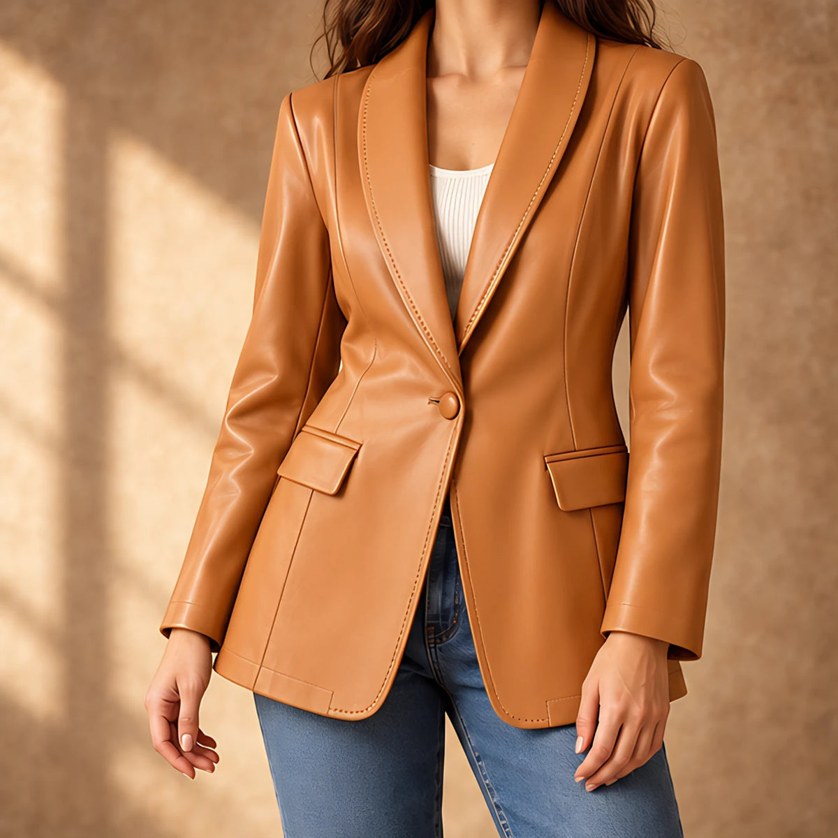Marguerite Women's Shawl-Lapel Leather Jacket - Tan - Women's Clothing > Blazers > Leather Blazers - Eric Muller - Image 1