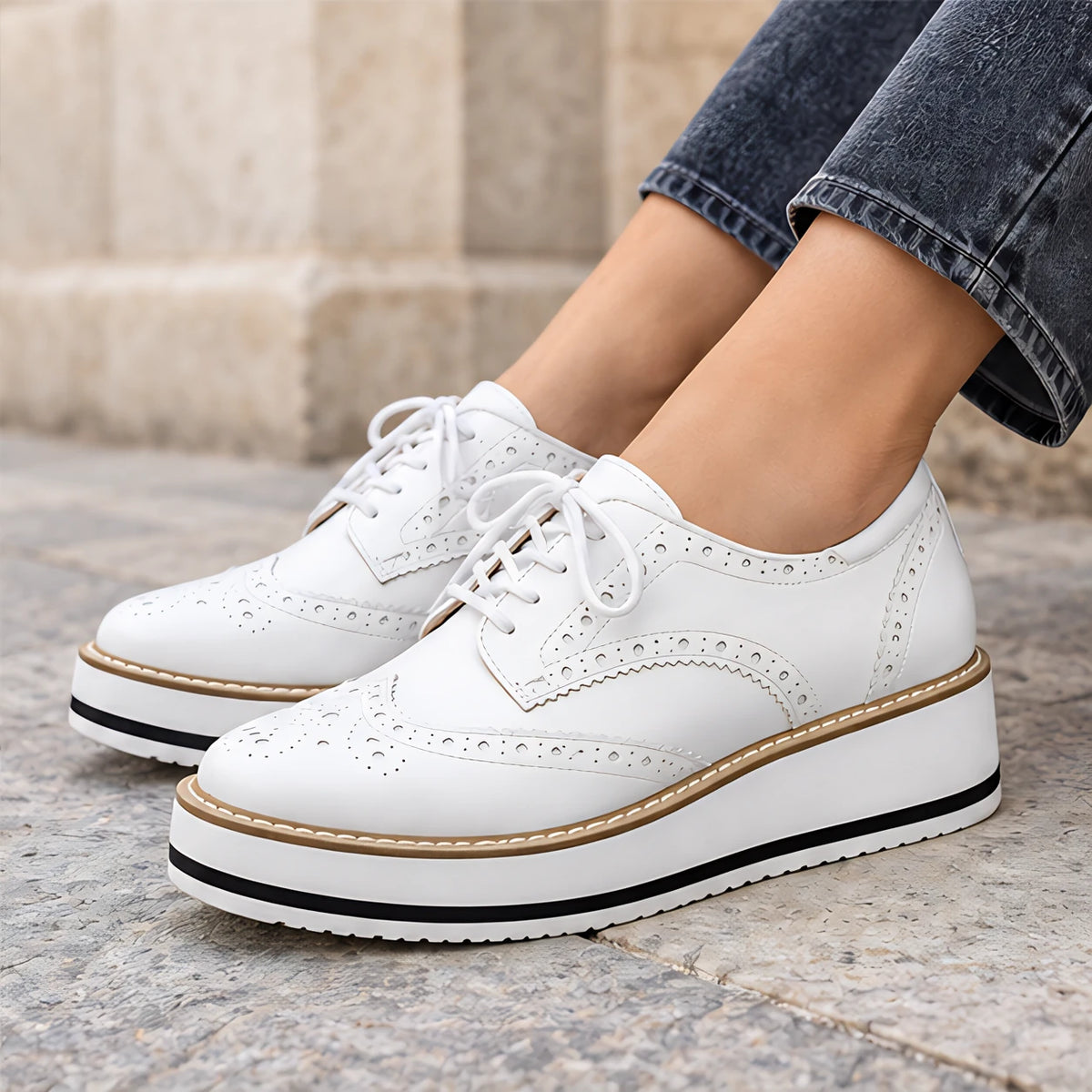 Marianna Women's Chunky Leather Brogue Platform Shoes - White - Flats - Eric Muller - Image 4