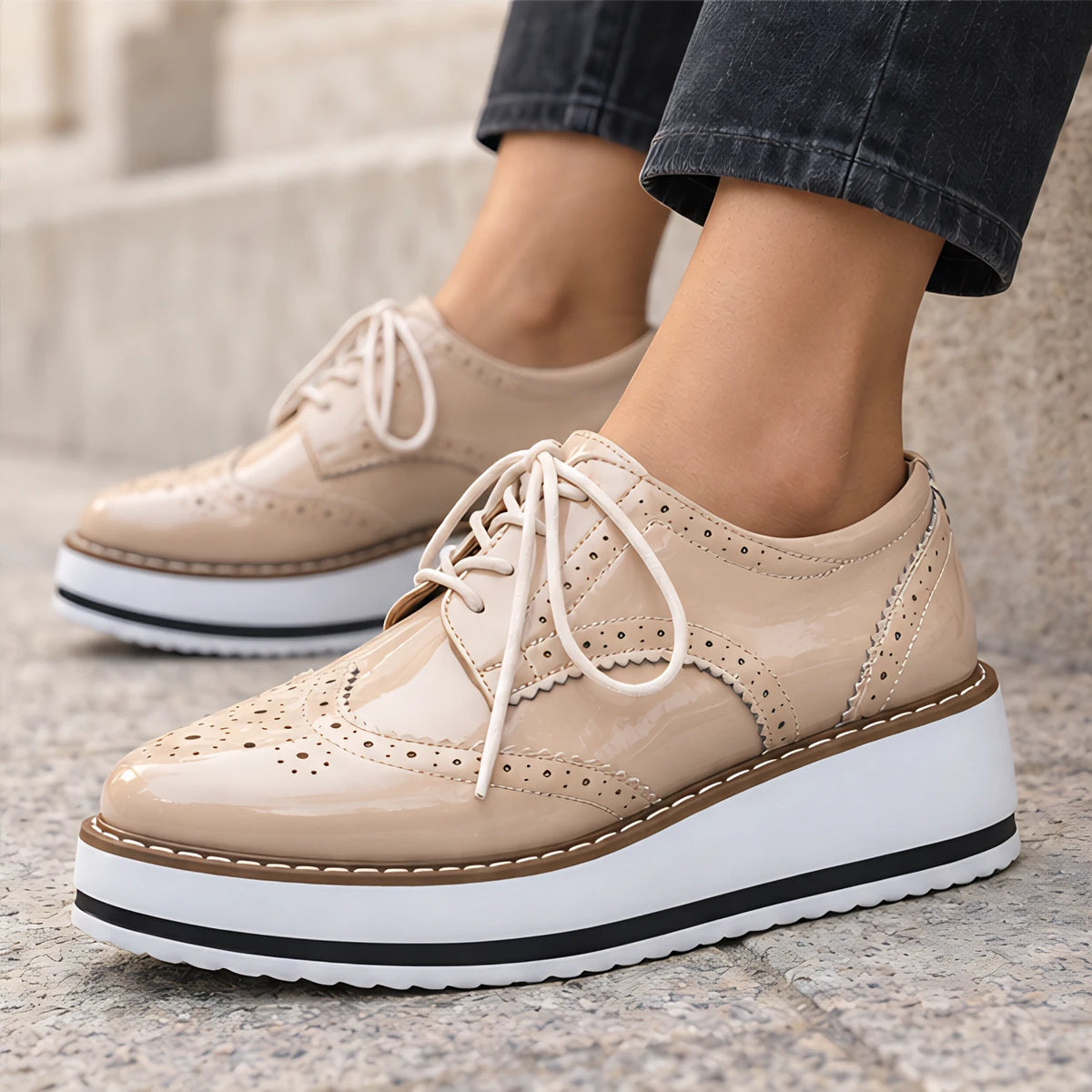 Marianna Women's Chunky Leather Brogue Platform Shoes - Beige - Flats - Eric Muller - Image 4