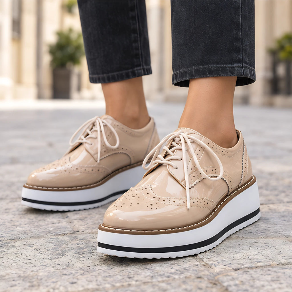 Marianna Women's Chunky Leather Brogue Platform Shoes - Beige - wapfoot - Eric Muller - Image 3