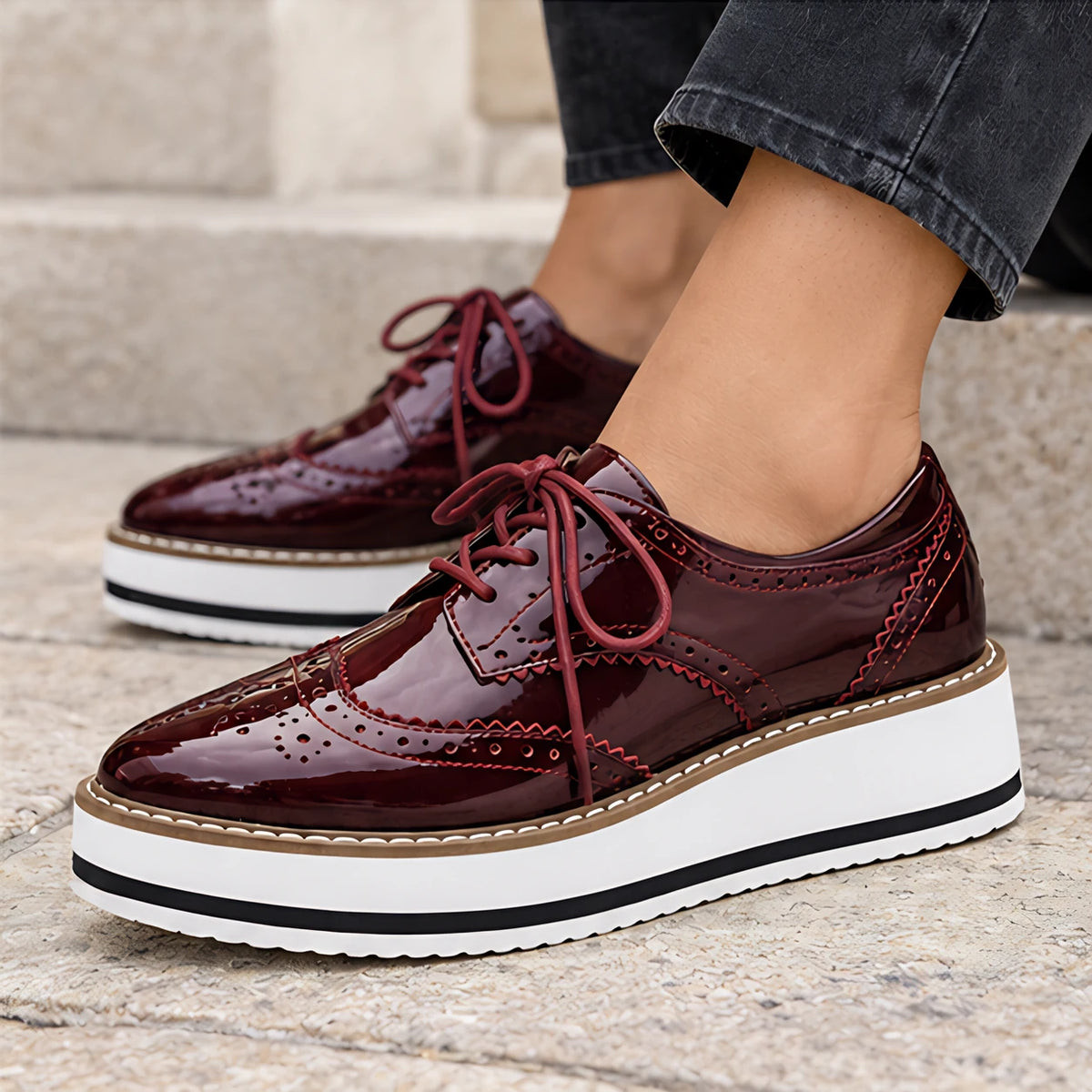 Marianna Women's Chunky Leather Brogue Platform Shoes - Wine Red - Flats - Eric Muller - Image 4