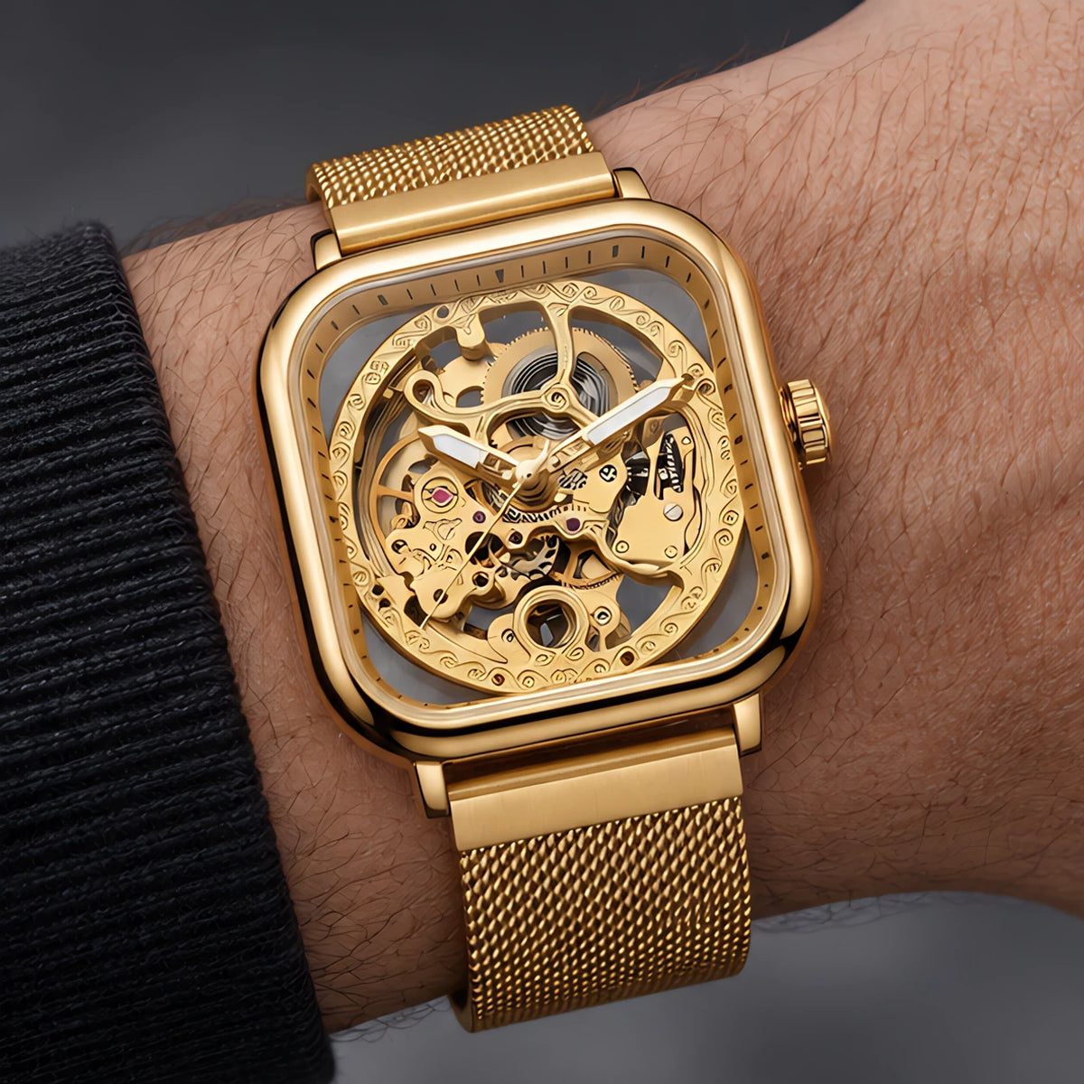 Meridian Men's Square Skeleton Watch with World Time - Gold - Accessories > Watches > Skeleton Watches - Eric Muller - Image 1