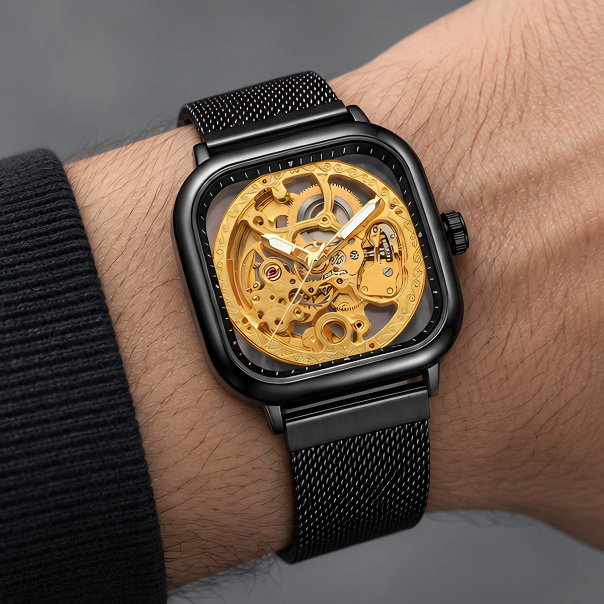 Meridian Men's Square Skeleton Watch with World Time - Black Gold - Accessories > Watches > Skeleton Watches - Eric Muller - Image 1