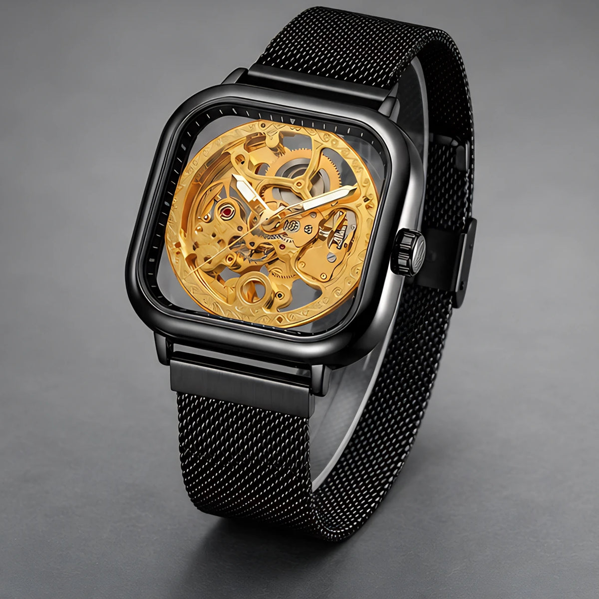 Meridian Men's Square Skeleton Watch with World Time - Black Gold - Accessories > Watches > Skeleton Watches - Eric Muller - Image 2