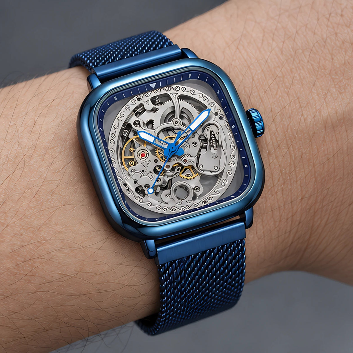 Meridian Men's Square Skeleton Watch with World Time - Blue - Accessories > Watches > Skeleton Watches - Eric Muller - Image 1