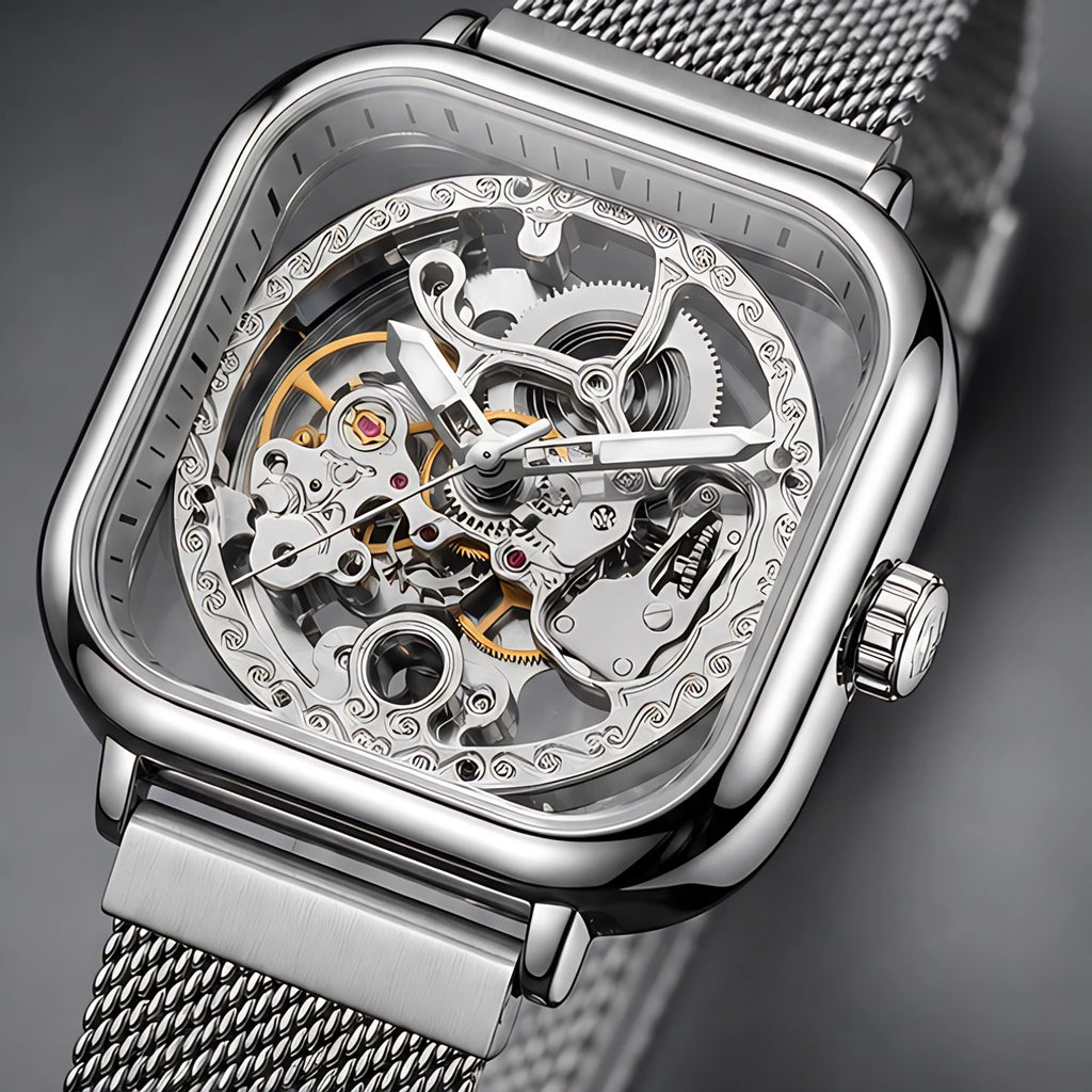 Meridian Men's Square Skeleton Watch with World Time - Silver - male - Eric Muller - Image 3