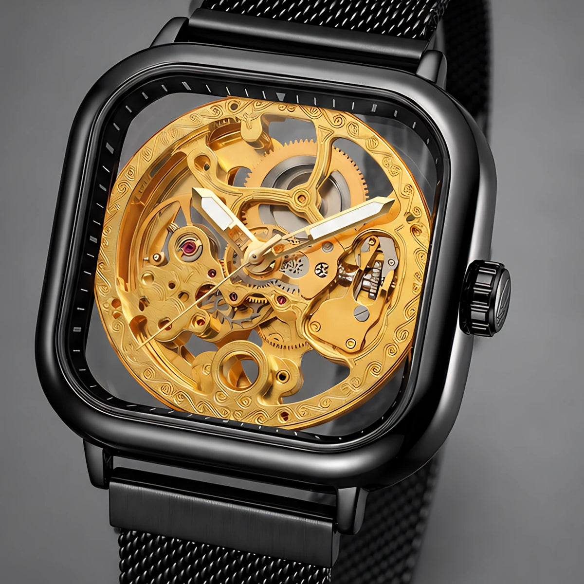 Meridian Men's Square Skeleton Watch with World Time - Black Gold - male - Eric Muller - Image 3