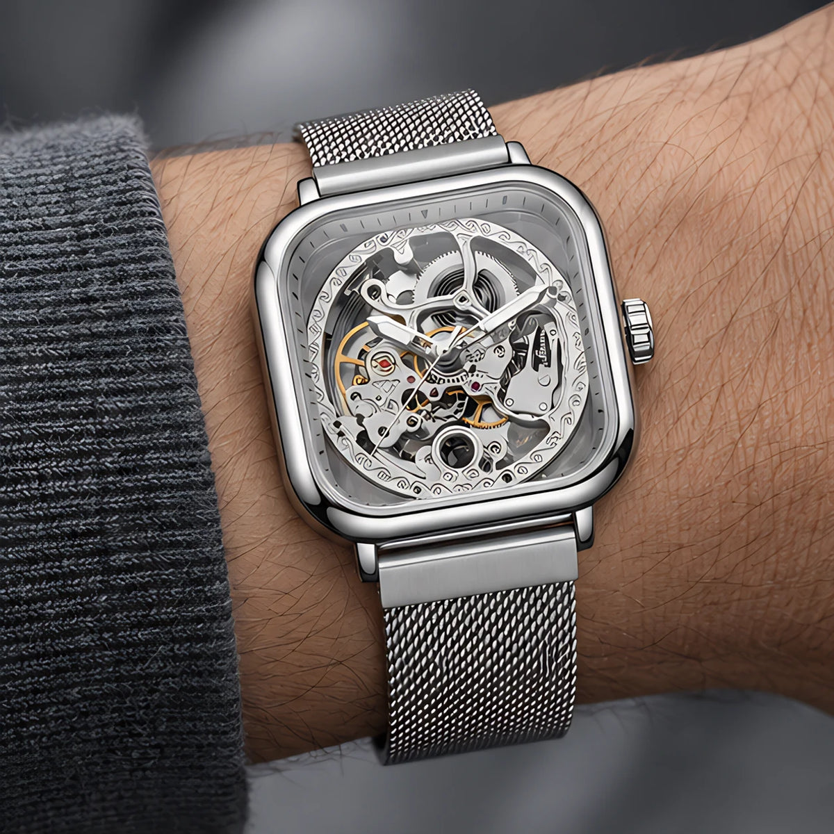 Meridian Men's Square Skeleton Watch with World Time - Silver - Accessories > Watches > Skeleton Watches - Eric Muller - Image 1