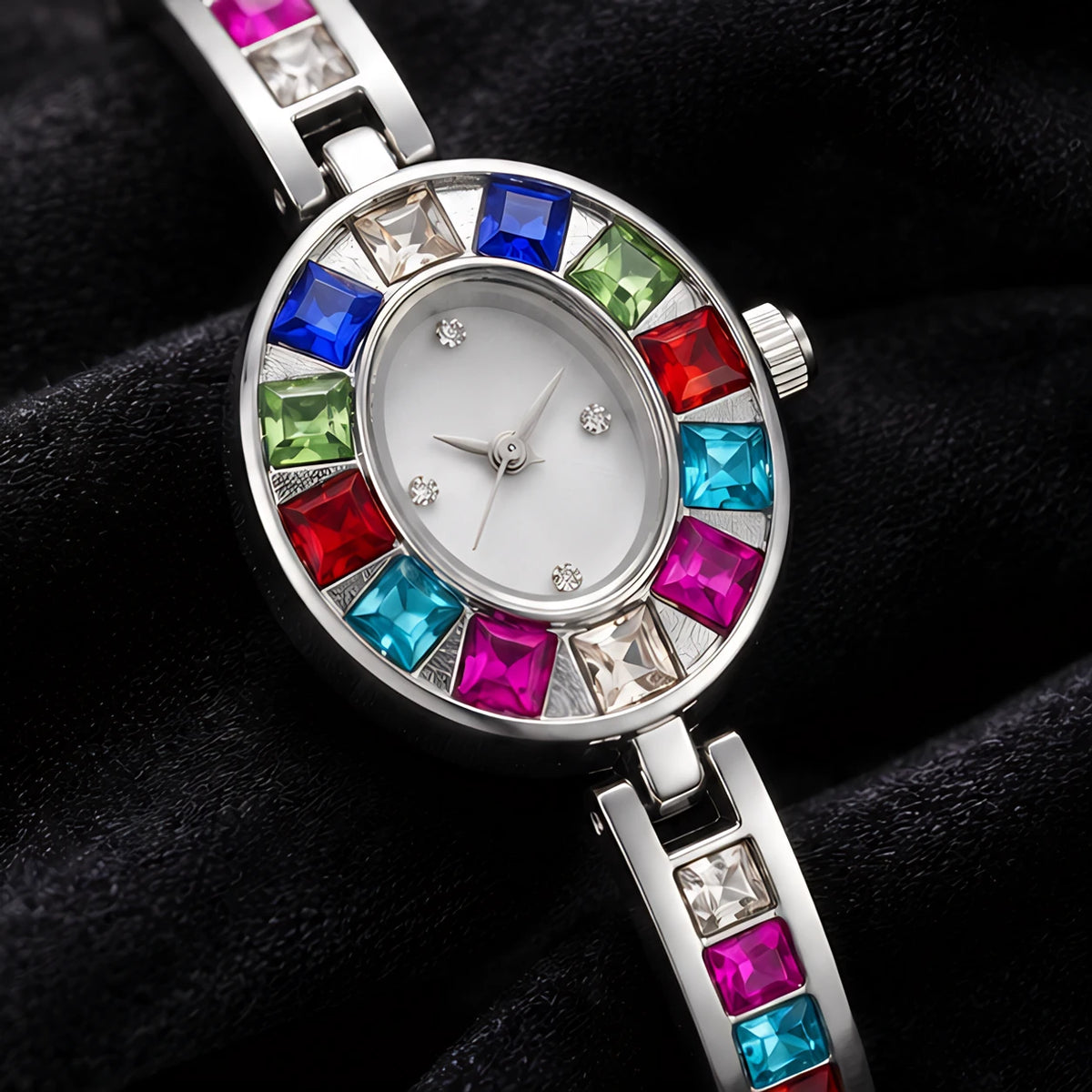 Miravelle Women's Mosaic Crystal Bangle Watch - Silver - Women's Accessories > Watches > Bangle Watches - Eric Muller - Image 3