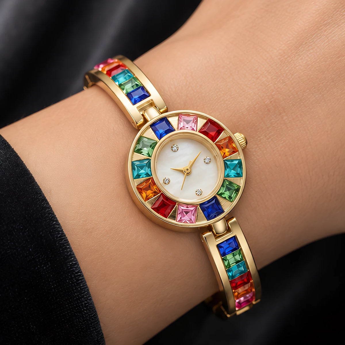 Miravelle Women's Mosaic Crystal Bangle Watch - Gold - Women's Accessories > Watches > Bangle Watches - Eric Muller - Image 1